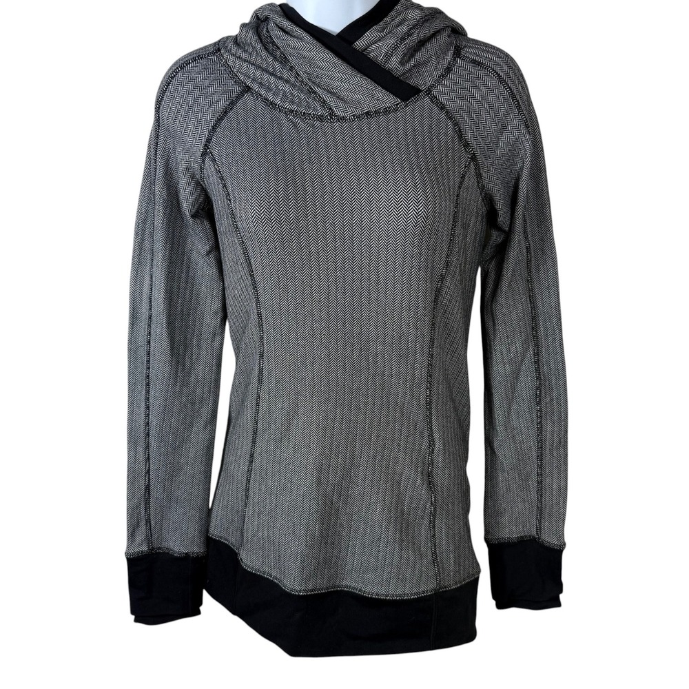 Lululemon Womens Sz 2 Think Fast Hoodie Gray Black Herringbone Long Sleeve Top
